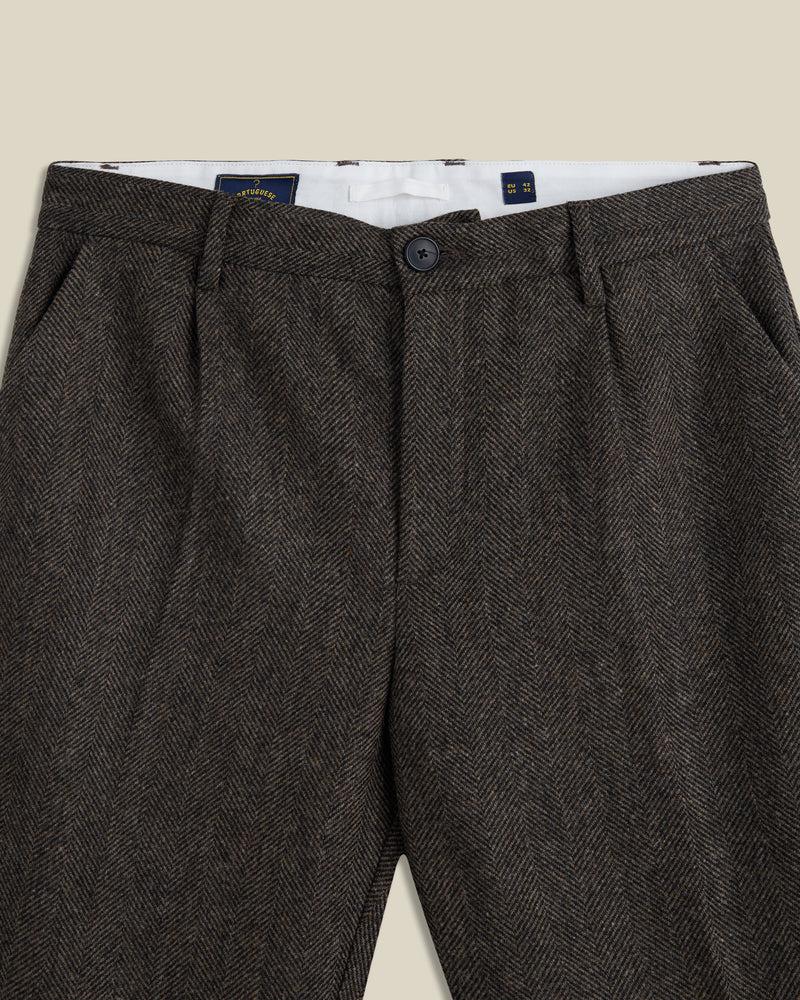 Portuguese Flannel Wool Herringbone Single Pleat Trousers - Brown
