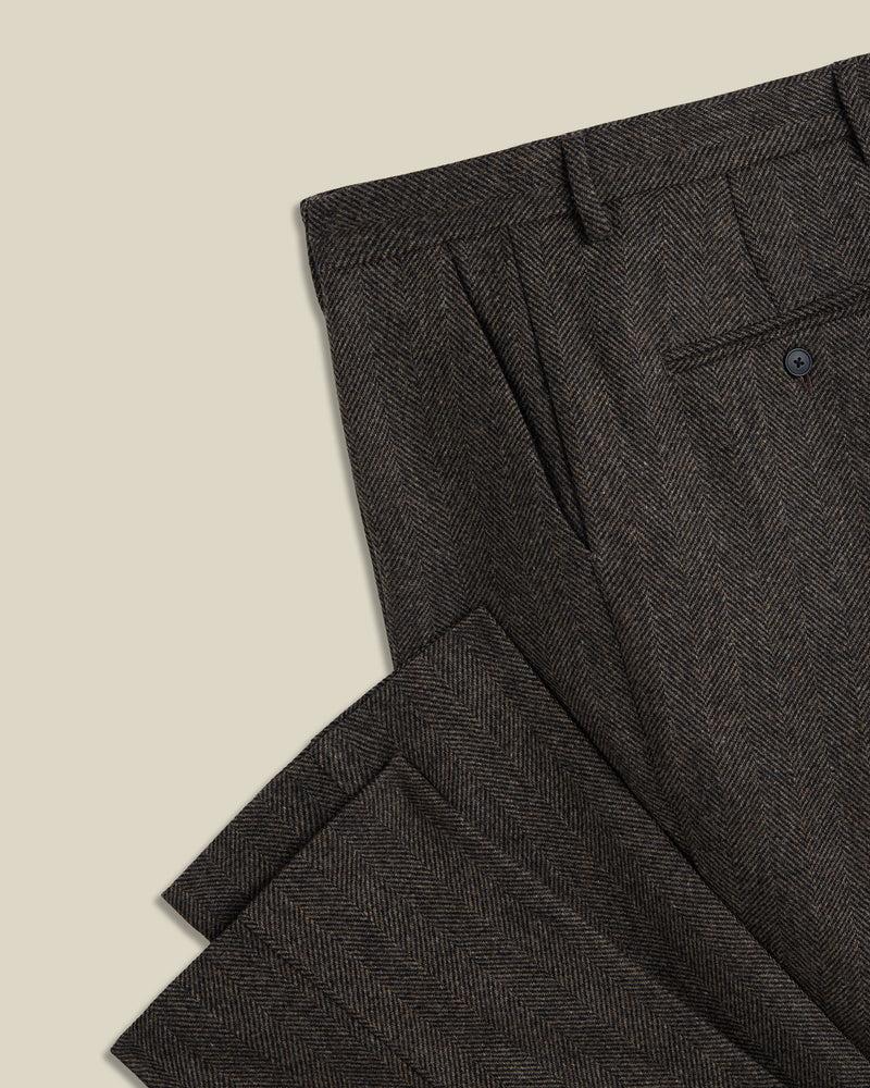 Portuguese Flannel Wool Herringbone Single Pleat Trousers - Brown