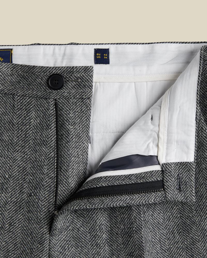 Portuguese Flannel Wool Herringbone Single Pleat Trousers - Grey