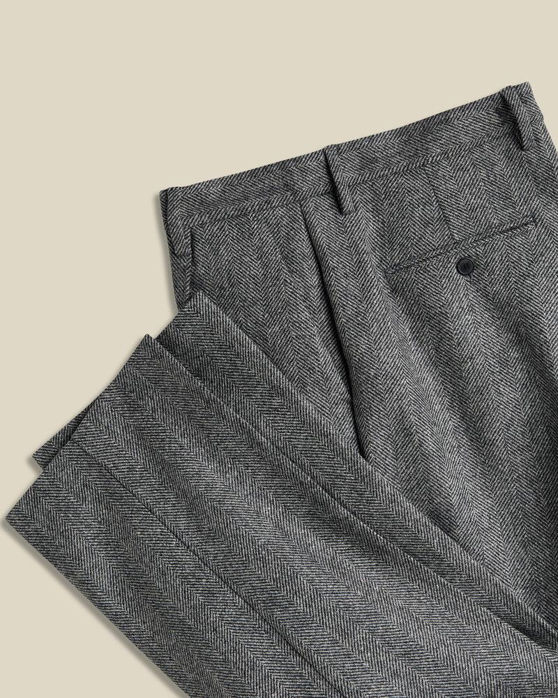 Portuguese Flannel Wool Herringbone Single Pleat Trousers - Grey