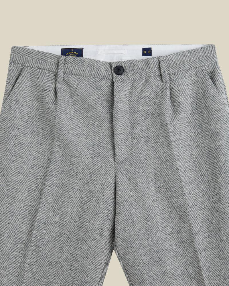 Portuguese Flannel Wool Herringbone Single Pleat Trousers - Light Grey