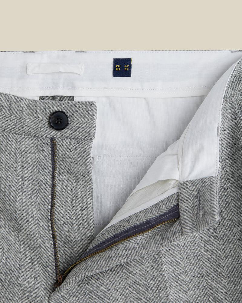 Portuguese Flannel Wool Herringbone Single Pleat Trousers - Light Grey