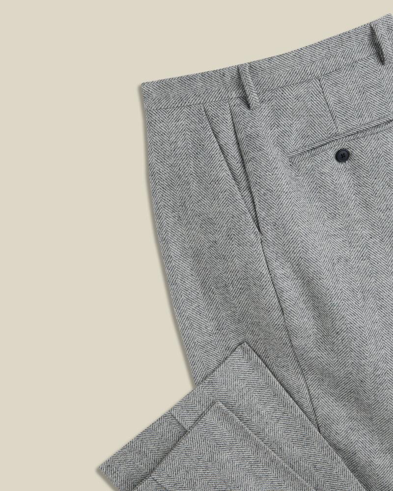Portuguese Flannel Wool Herringbone Single Pleat Trousers - Light Grey