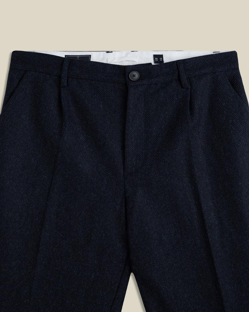 Portuguese Flannel Wool Herringbone Single Pleat Trousers - Navy