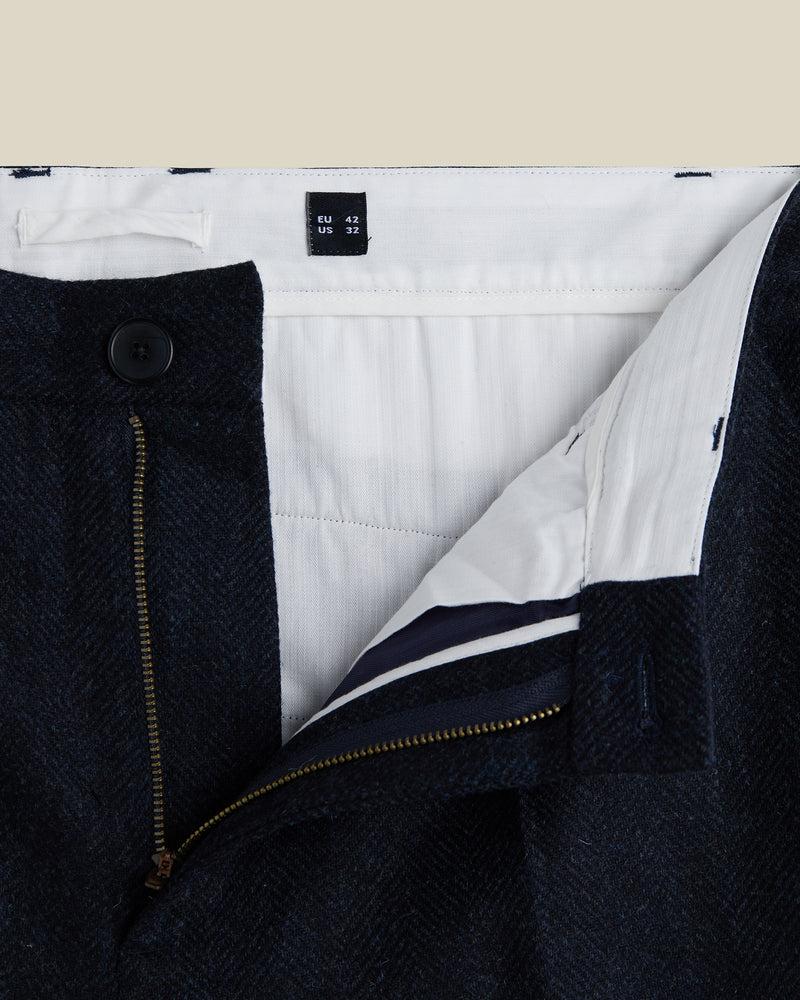 Portuguese Flannel Wool Herringbone Single Pleat Trousers - Navy