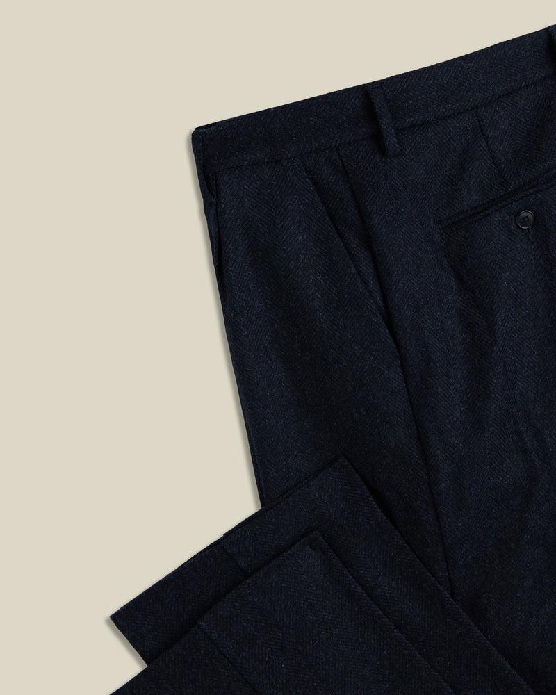 Portuguese Flannel Wool Herringbone Single Pleat Trousers - Navy