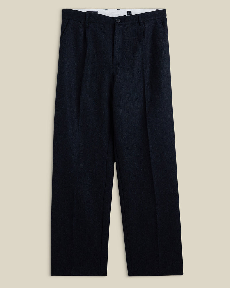 portuguese flannel Wool Herringbone Single Pleat Trousers - Navy