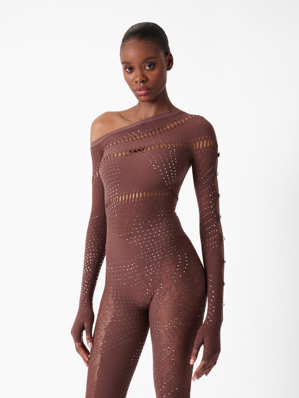 Poster Girl Ivy Long Rhinestone Jumpsuit Old Money Brown