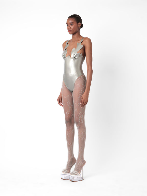 Poster Girl Roast Latex Bodysuit Silver