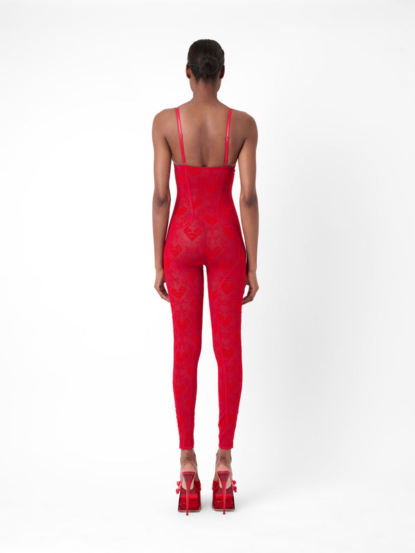 Poster Girl Scarlett Jumpsuit Flocked Mesh Red
