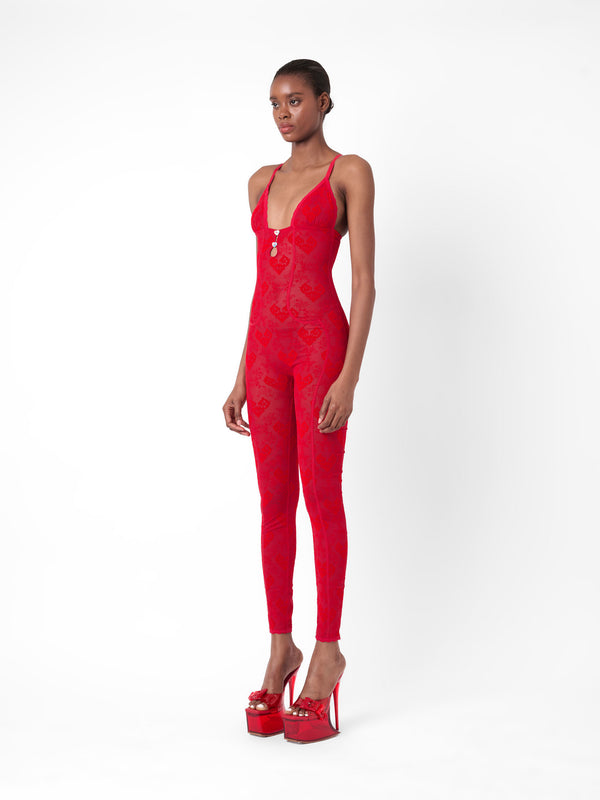 Poster Girl Scarlett Jumpsuit Flocked Mesh Red