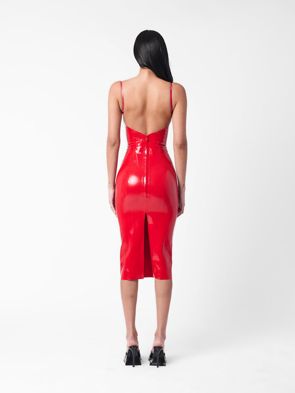 Poster Girl Whistle Latex Midi Dress Red