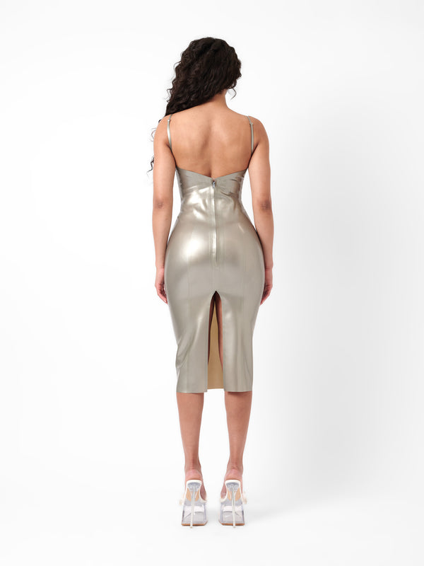 Poster Girl Whistle Latex Midi Dress Silver