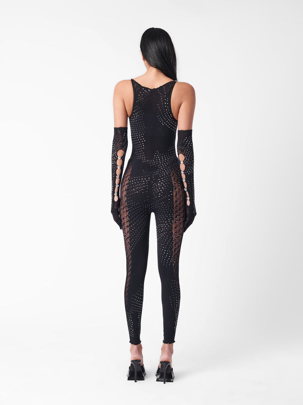 Poster Girl Rhinestoned Janice Jumpsuit X Gloves Set Jet Black