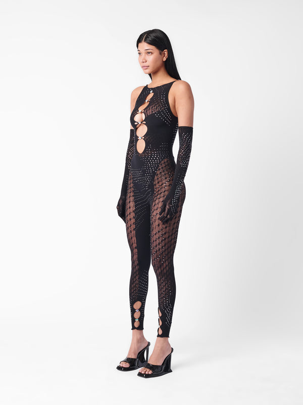 Poster Girl Rhinestoned Janice Jumpsuit X Gloves Set Jet Black