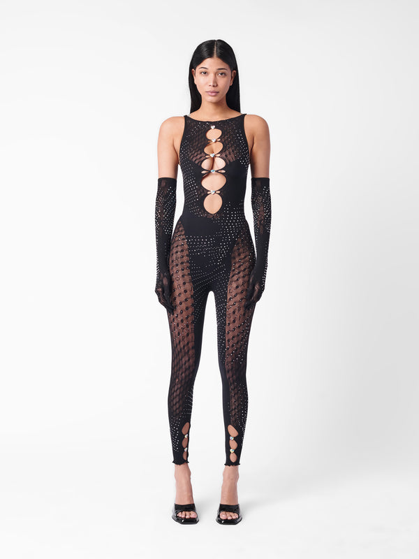 poster girl Rhinestoned Janice Jumpsuit X Gloves Set Jet Black