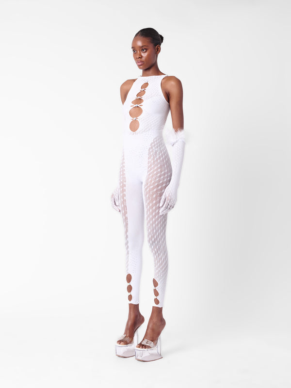 Poster Girl Rhinestoned Janice Jumpsuit X Gloves Set Optic White