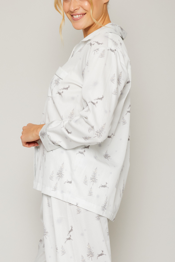 Pour Les Femmes Cotton Sateen Pajama Set In Reindeer Piped In Grey