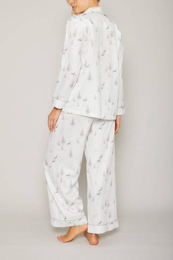 Pour Les Femmes Cotton Sateen Pajama Set In Reindeer Piped In Grey