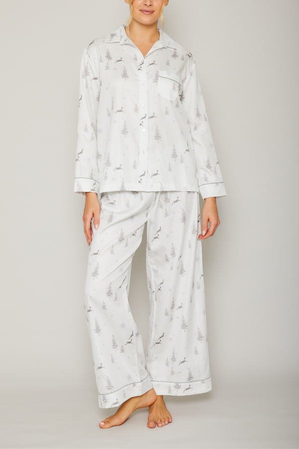pour les femmes Cotton Sateen Pajama Set in Reindeer Piped in Grey