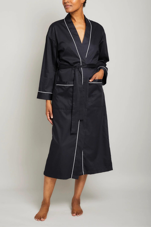pour les femmes Cotton Sateen Robe with Contrast Piping-black