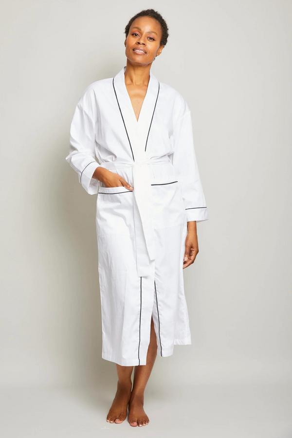 Pour Les Femmes Cotton Sateen Robe With Contrast Piping - White