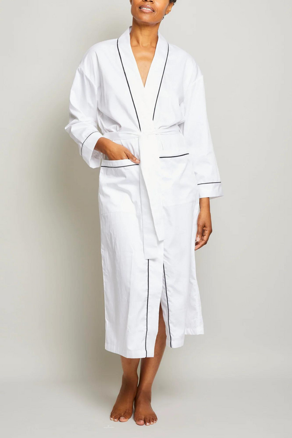 pour les femmes Cotton Sateen Robe with Contrast Piping - White