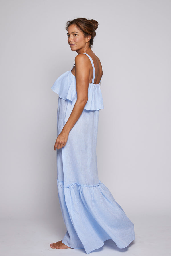 Pour Les Femmes Double Ruffle Linen Dress - Light Blue
