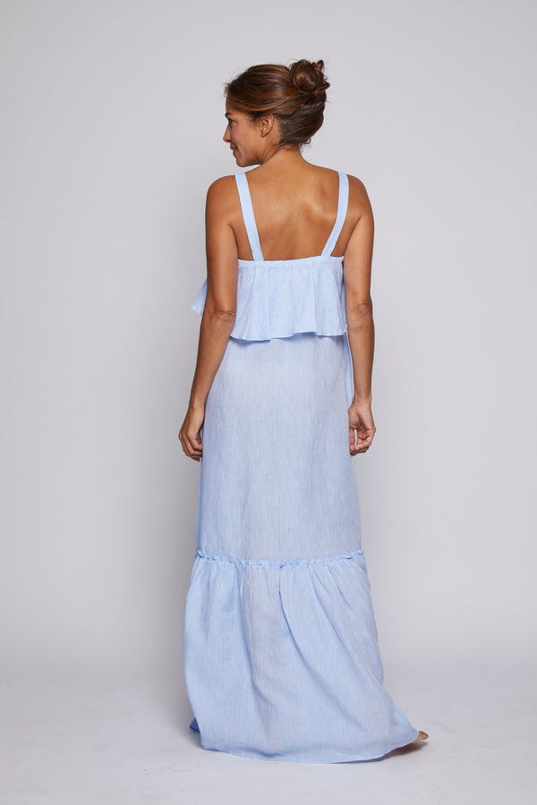 Pour Les Femmes Double Ruffle Linen Dress - Light Blue