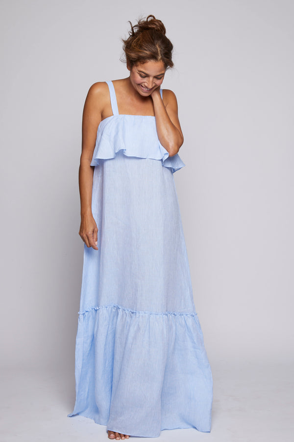pour les femmes Double Ruffle Linen Dress - Light Blue