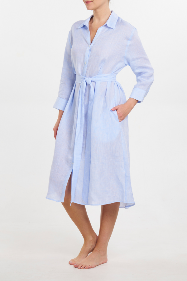 Pour Les Femmes Linen Button Front Dress - Light Blue