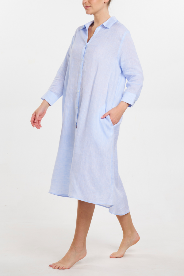 Pour Les Femmes Linen Button Front Dress - Light Blue