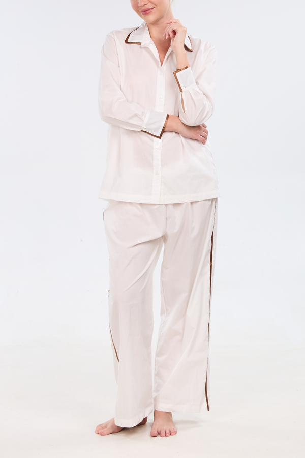 pour les femmes Long Sleeve Lounge Set With Contrast Trim-Tobacco