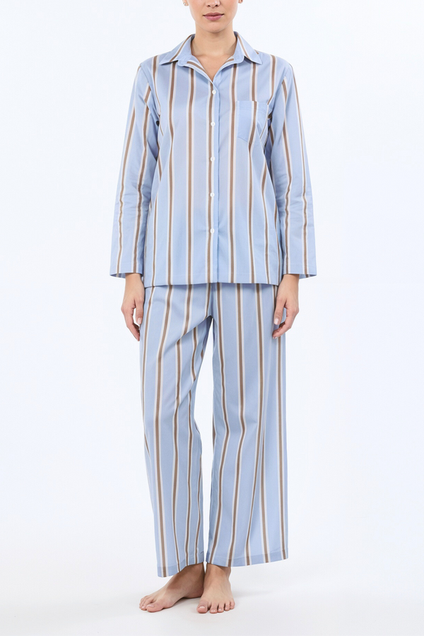 pour les femmes Long Sleeve Pajama Set - Blue Tobacco Stripe
