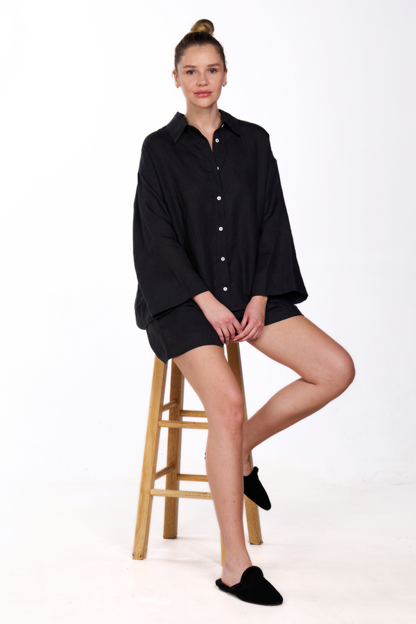 Pour Les Femmes Linen Boxing Short Set - Black