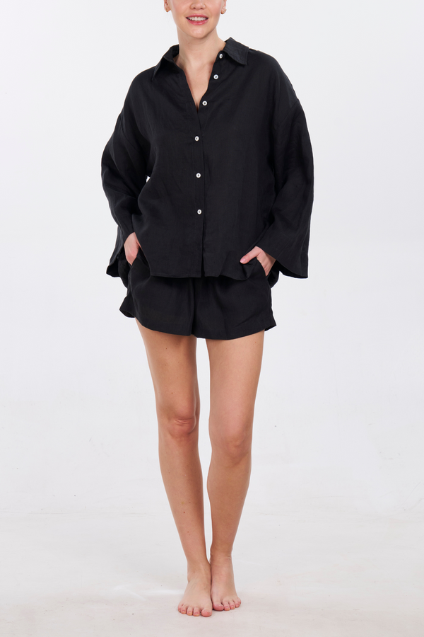 pour les femmes Linen Boxing Short Set - Black