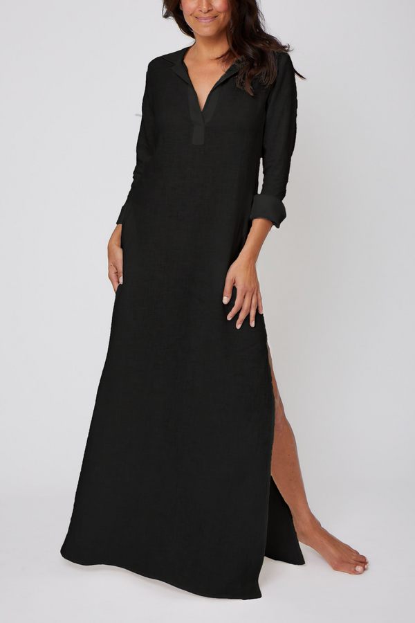 Pour Les Femmes Long Linen Shirt Dress - Black