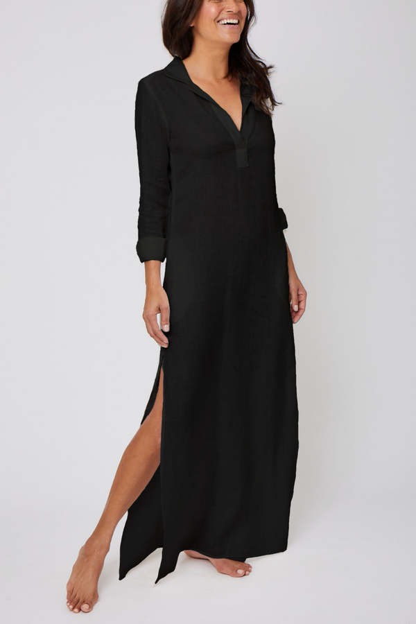 pour les femmes Long Linen Shirt Dress - Black