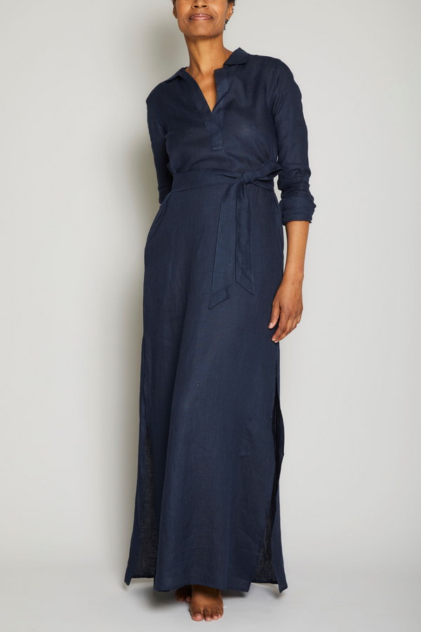 Pour Les Femmes Long Linen Shirt Dress - Navy