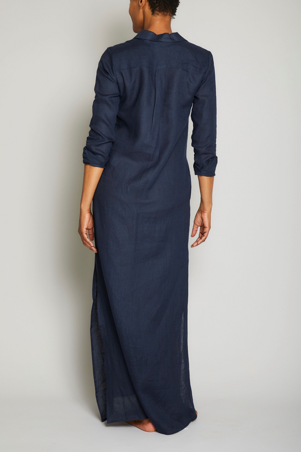 Pour Les Femmes Long Linen Shirt Dress - Navy