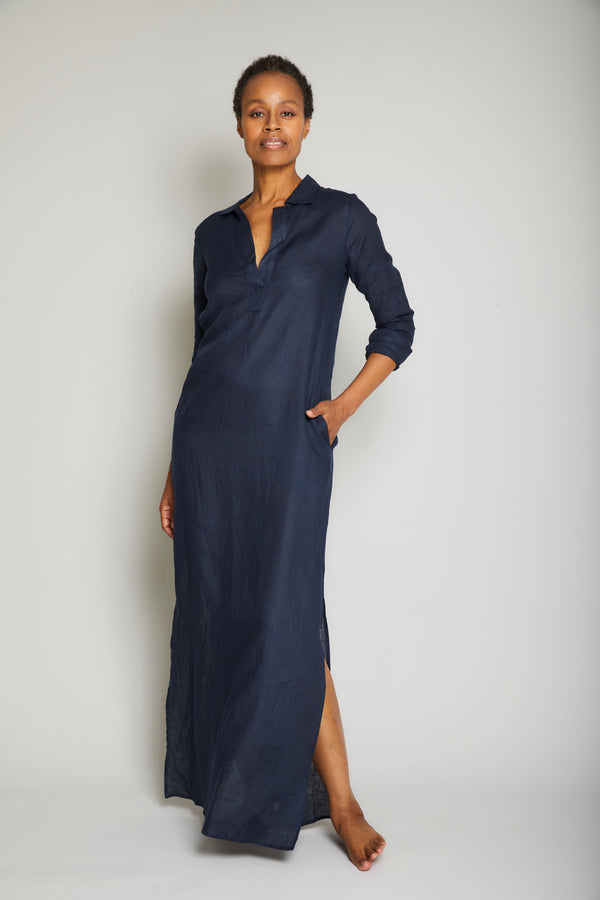 Pour Les Femmes Long Linen Shirt Dress - Navy