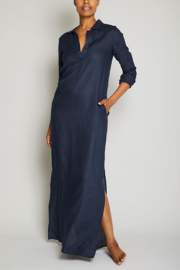 pour les femmes Long Linen Shirt Dress - Navy