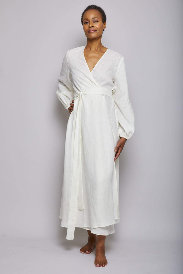 Pour Les Femmes Long Linen Wrap Dress - Cream