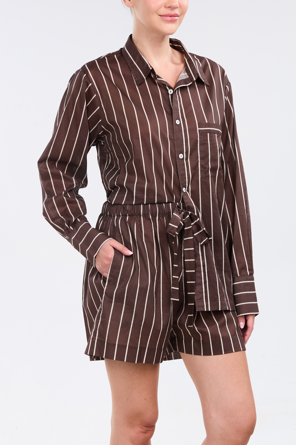 Pour Les Femmes Long Sleeve Short Set - Mocha Stripe