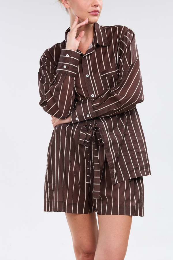 Pour Les Femmes Long Sleeve Short Set - Mocha Stripe