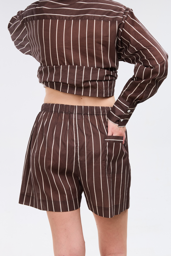 Pour Les Femmes Long Sleeve Short Set - Mocha Stripe