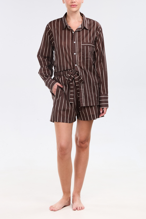 pour les femmes Long Sleeve Short Set - Mocha Stripe