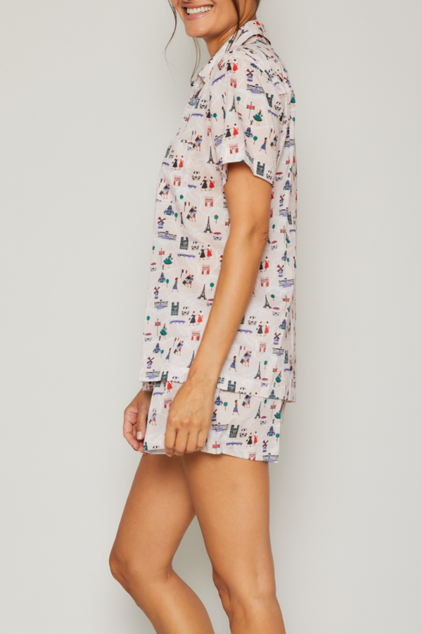 Pour Les Femmes Paris Print Short Set - Pink