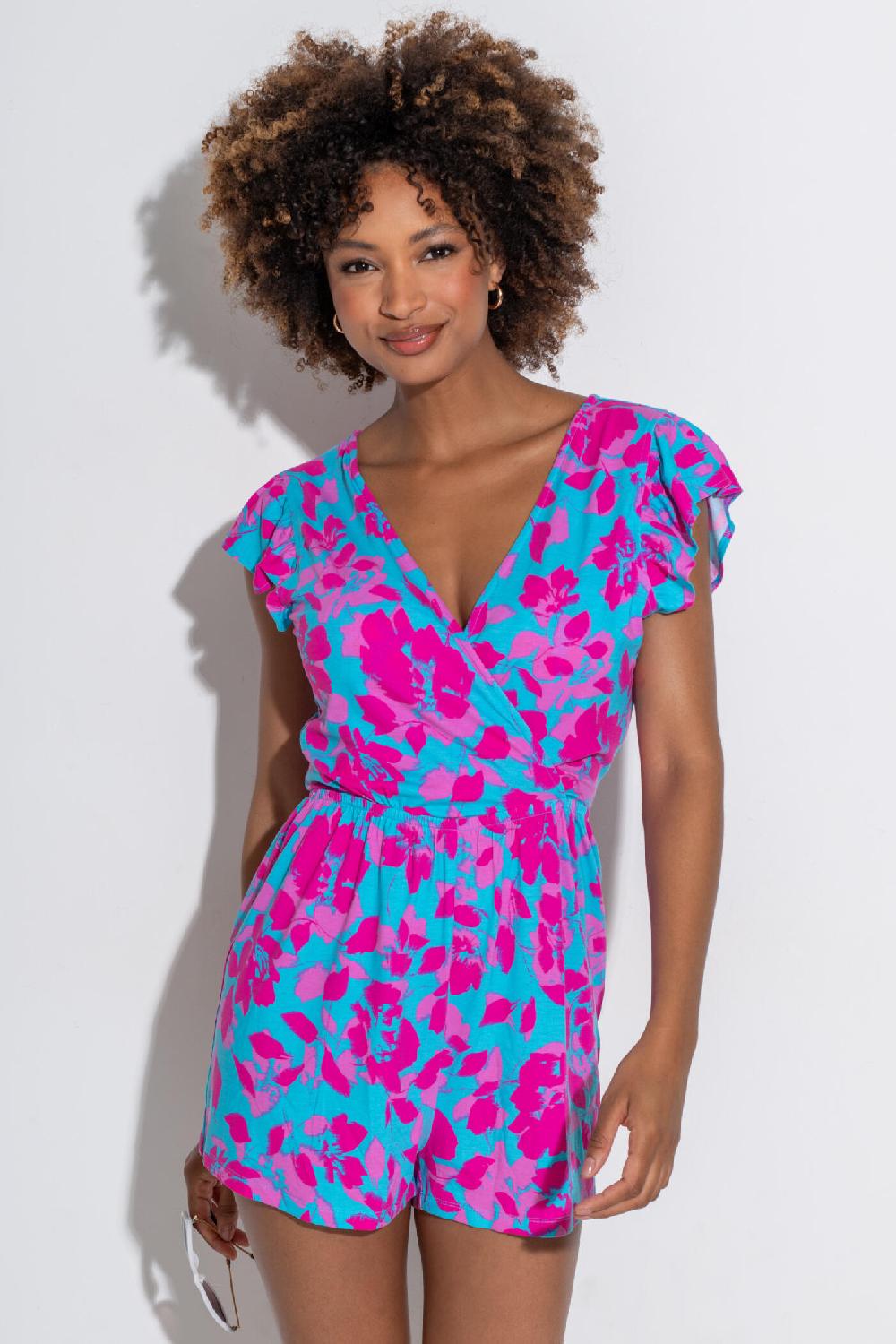 Pour Moi Amelia Frill Stretch Jersey Beach Playsuit - Blue Floral