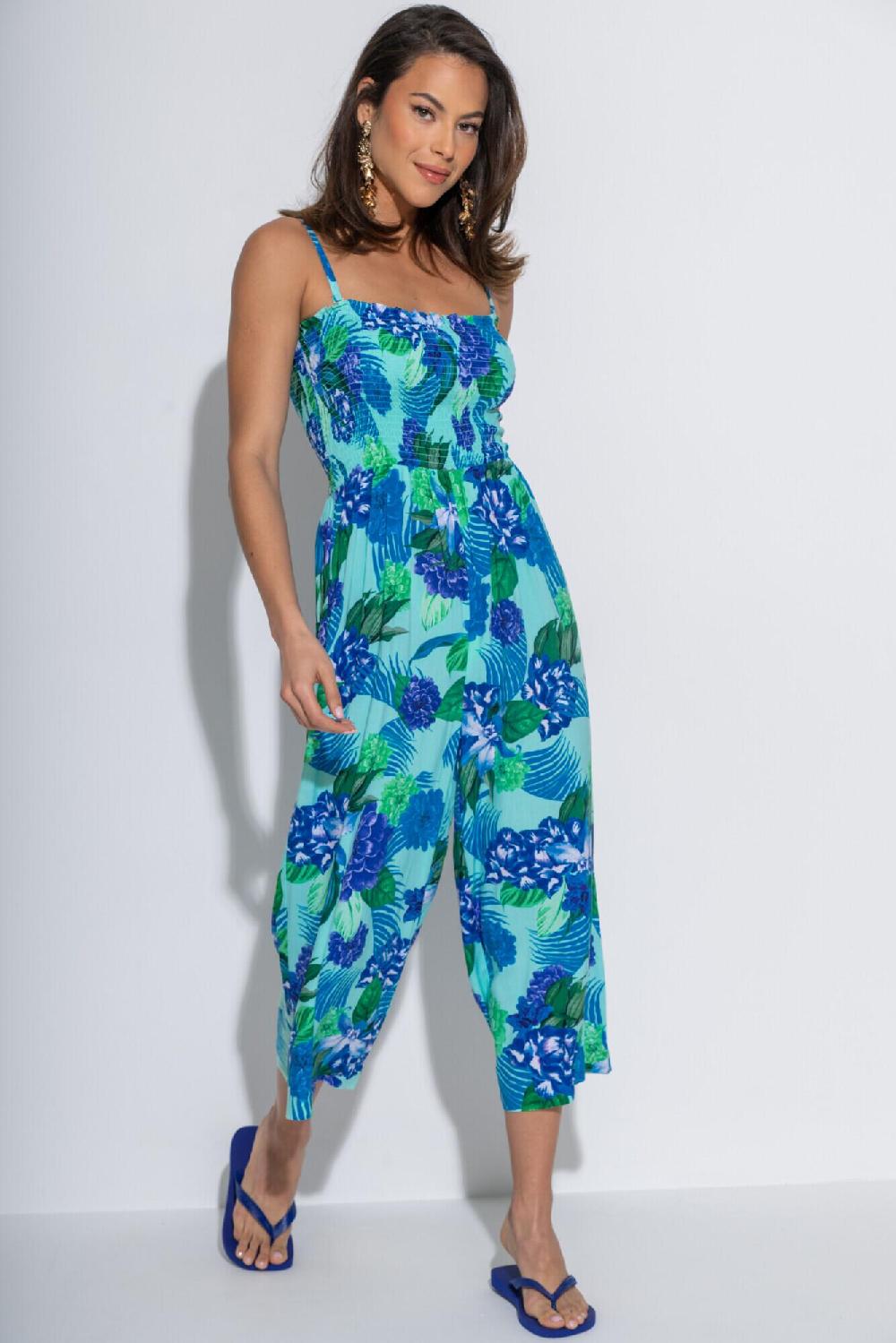 Pour Moi Anna Strapless Shirred Bodice Crop Leg Beach Jumpsuit - Aqua Tropical